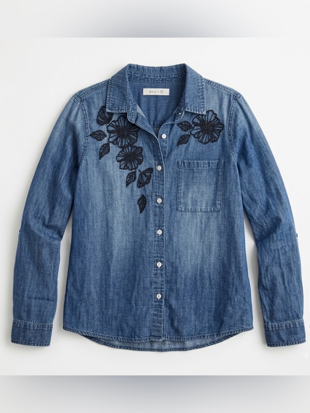 Billy T Black Floral Embroidered Denim Shirt Womens Button Down Western Boho